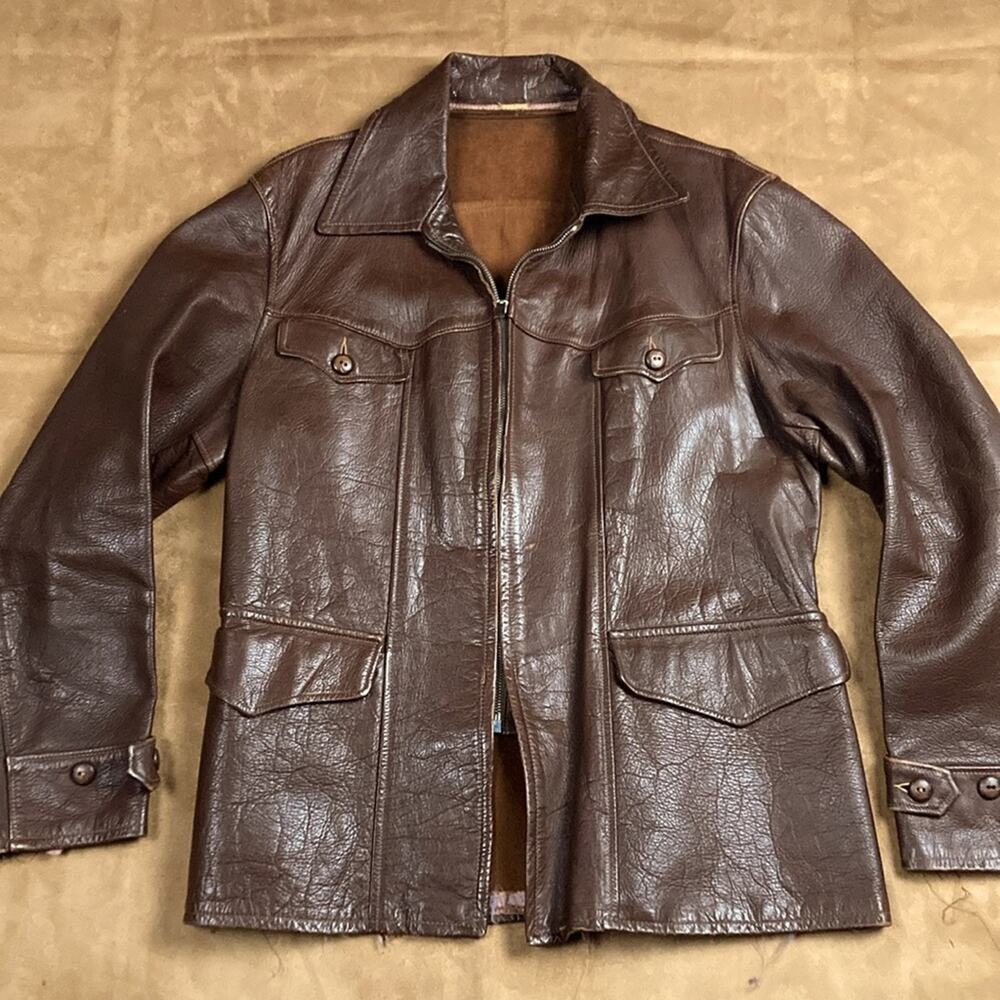 40s Vintage Brown Leather Sports Jacket Goatskin